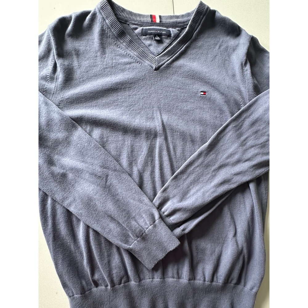 Tommy Hilfiger Womens XL V-Neck Sweater Blue Gray 100% Cotton Knit Flag Logo